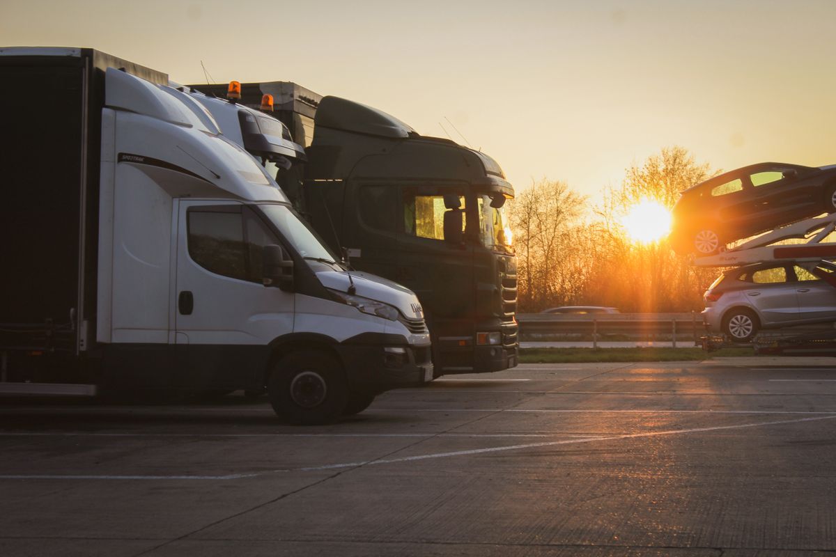 Trucks parked at the depot in the early morning light
